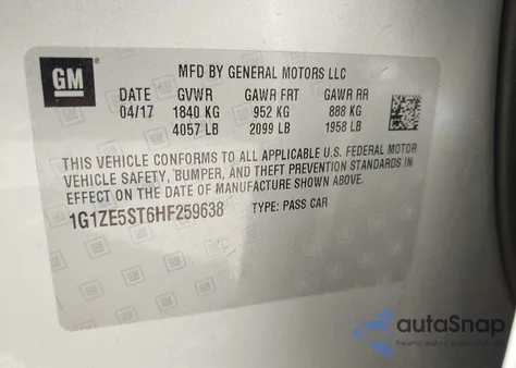 2017 Chevrolet Malibu 1Lt из США, поврежденный, VIN 1G1ZE5ST6HF259638